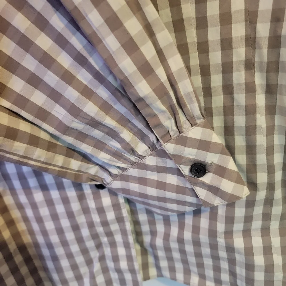 Lafayette 148 Taupe and Cream Plaid Gingham Button Down Blouse size 10 - Picture 3 of 9